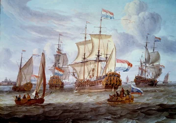 Fregata Piotr i Paweł w porcie w Amsterdamie Obraz Abrahama Storcka (1635-1710) XVII-wieczny Amsterdam. Muzeum Historii Morskiej