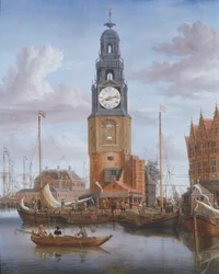 Widok wieży Haringspacker w Amsterdamie z działającą tarczą zegara wmontowaną w obraz, 1684