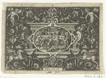 Kartusz: Phineus zakłóca ślub Perseusza i Andromedy PERSEUS (tytuł na obiekcie) Owalne kartusze ze scenami z życia Perseusza w oprawie groteski (tytuł serii)