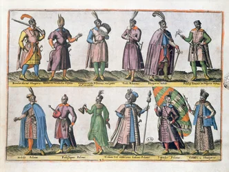 Węgierski i polski ubiór wojskowy w XVI wieku, z „Strojów różnych narodów Europy, Azji, Afryki i Ameryki”, opublikowanych w Antwerpii w 1581 roku