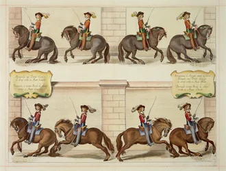 Marquis of Newcastle na koniu demonstruje kroki ujeżdżeniowe, płyta 22 z „The Method and New Invention of Dressing Horses” Williama Cavendisha (1592-1676) Marquis of Newcastle, grawerowane przez T.