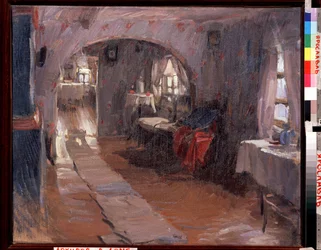 W wiejskim domu. Obraz Abrama Jefimowicza Arkhipowa (1862-1930). Olej na płótnie, 71,5 x 88 cm