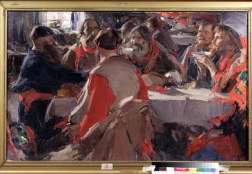 Czas na herbatę (picie herbaty). Obraz Abrama Jefimowicza Arkhipowa (1862-1930). Olej na płótnie, 79 x 31 cm. Sztuka rosyjska, koniec XIX-początek XX wieku. Państwowa Galeria Sztuki im. B. Kustodiewa, Astrachań (Rosja).