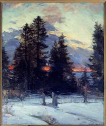 Zachód słońca na zimowy krajobraz. Obraz Abrama Arkhipova (1862 - 1930) Ec. Rus.