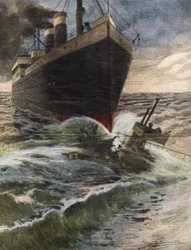 Niemiecki transatlantyk przewraca i rozbija okręt podwodny floty angielskiej u wybrzeży Dover – Ilustracja Beltrame – „” La Domenica del Corriere”” Październik 1912