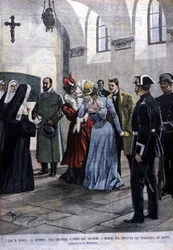 W Madrycie młoda kobieta, Mademoiselle Ubao, zostaje wyrwana z życia zakonnicy w klasztorze, w którym była za namową jezuitów. Ilustracja autorstwa Beltrame. Domenica del Corriere. 1901.