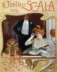 Kilka miejsc w garderobie w Teatro alla Scala. Młoda kobieta obserwuje scenę przez lornetkę. Ilustracja autorstwa Achille Beltrame.