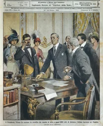 Prezydent Stanów Zjednoczonych Woodrow Wilson uruchamia telegraficznie detonację, która zburzyła ostatnią barierę Kanału Panamskiego w odległości 6000 kilometrów, z La Domenica del Corriere
