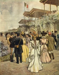 Na wyścigach konnych w San Siro (Mediolan), autorstwa Achille Beltrame (1871-1945), z La Domenica del Corriere, 4 czerwca 1899