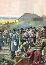 Konwój deportowanych rosyjskich więźniów politycznych w tranzycie na zesłanie na Syberię, ilustracja z magazynu „La Tribuna Illustrata”, 4 sierpnia 1907