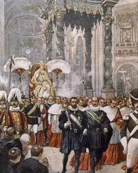 Koronacja papieża Piusa X w Bazylice św. Piotra, Watykan, ilustracja Achille