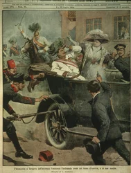 Ilustracja okładkowa zamachu na arcyksięcia Franciszka Ferdynanda Austriackiego, następcę tronu austro-węgierskiego, Sarajewo