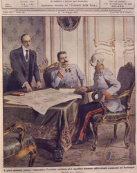 Ilustracja okładkowa przedstawiająca cesarza Austrii omawiającego możliwą okupację Czarnogóry