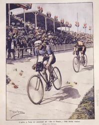 Ilustracja na okładce przybycia zawodników Tour de France, ze zwycięzcą Petit-Breton; Paryż, Francja
