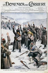 Klęska dziesiątej armii rosyjskiej w Prusach Wschodnich: żołnierze rosyjscy podnoszący broń w kapitulacji, płyta Achille Beltrame (1871-1945) z La Domenica del Corriere, 28 lutego-7 marca 1915