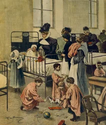 Rozdawanie prezentów bożonarodzeniowych biednym dzieciom w szpitalu, Achille Beltrame, ilustracja, Ilustrator Achille Beltrame (1871-1945), z La Domenica del Corriere, 23 listopada 1900