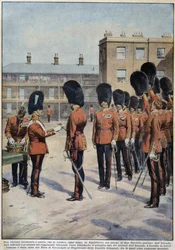 Dystrybucja koniczyny dla św. Patryka (patrona Irlandii) przez pułki irlandzkie, Anglia - rysunek A. Beltrame, w „La Domenica del Corriere”