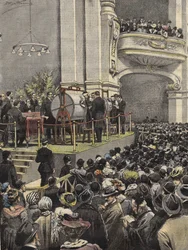 Losowanie loterii w Mediolanie w 1907 roku. ilustracja Achille Beltrame.