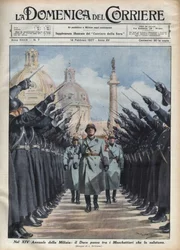 Duce Benito Mussolini dokonuje w Rzymie przeglądu „muszkieterów“ Ochotniczej Milicji Bezpieczeństwa Narodowego. Ilustracja Achille