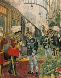 Edward VII, król Anglii, przybywa do Rzymu, Achille Beltrame, ilustracja, Ilustrator Achille Beltrame (1871-1945), z La Domenica del Corriere