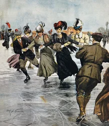 Modne rozrywki, jazda na łyżwach, ilustracja Achille Beltrame (1871-1945), z La Domenica del Corriere, 27 stycznia