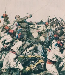 Etiopski atak na garnizon w Lugh i zabicie kapitana Bongiovanniego, autorstwa Achille Beltramego, ilustracja, Achille Beltrame (1871-1945), z La Domenica del Corriere