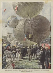 Impreza Sił Powietrznych na Arenie w Mediolanie, odlot trzech balonów z siedmioma osobami w powietrzu