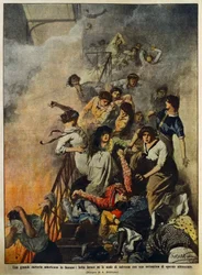 Pożar w dużej amerykańskiej fabryce włókienniczej: robotnicy na klatce schodowej, ilustracja Achille Beltrame (1871-1945), z La Domenica del Corriere, 10 sierpnia
