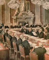 Prezydent Francji Georges Clemenceau przemawiający na konferencji pokojowej w Paryżu, Achille Beltrame, ilustracja, Illustrator Achille Beltrame (1871-1945), z La Domenica del Corriere
