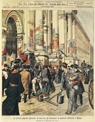 Wybory powszechne w Mediolanie: konfrontacje między ludźmi wieszającymi plakaty polityczne w Mediolanie, autor: Achille Beltrame (1871-1945), z La Domenica del Corriere