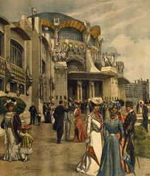 Uroczyste otwarcie pierwszej Międzynarodowej Wystawy Nowoczesnej Sztuki Dekoracyjnej w Turynie, z La Domenica del Corriere, maj 1902