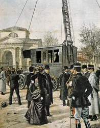 Guglielmo Marconi asystuje w Mediolanie przy testowaniu pierwszego Stazione Radio Mobile. Ilustracja Achille Beltrame do „Domenica del Corriere” (1906). Rytownictwo.