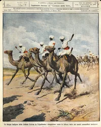 Rdzenni żołnierze z kolonii erytrejskiej w Trypolitanii, ilustrator Achille Beltrame (1871-1945), z La Domenica del Corriere, 25 lutego 1912