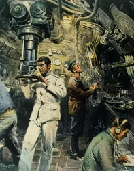 Wnętrze łodzi podwodnej, Achille Beltrame (1871-1945), ilustracja z La Domenica del Corriere, 28 grudnia