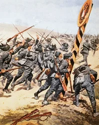 Żołnierze włoscy przekraczający granicę austriacką, Achille Beltrame (1871-1945), ilustracja z La Domenica del Corriere, czerwiec 1915