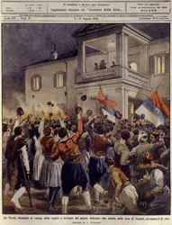 Król Czarnogóry Mikołaj I przed tłumem w Cetynii po kapitulacji miasta Szkodra, 4 maja