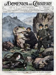 Król Włoch Wiktor Emanuel III (Victor-Emmanuel) (Vittorio Emanuele) z księciem Monako Albertem I polują na koziorożce. okładka domenica del corriere z 14 sierpnia 1910 r.