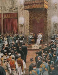 Król Włoch, Vittorio Emanuele III Sabaudzki, koronowany na króla Albańczyków, Achille Beltrame, ilustracja, Ilustrator Achille Beltrame (1871-1945), z La Domenica del Corriere
