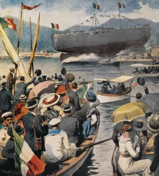 Wodowanie pancernika Andrea Doria z Arsenału w La Spezia, panel autorstwa Achille Beltrame (1871-1945), La Domenica del Corriere, 6 kwietnia
