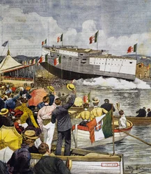 Wodowanie pancernika Regina Margherita w La Spezia, panel Achille Beltrame (1871-1945), La Domenica del Corriere, 9 czerwca