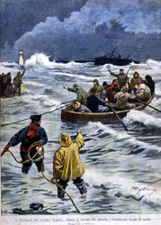 Zatonięcie parowca Planier w pobliżu Bouches du Rhône: służby ratunkowe przywiozły pasażerów. Ilustracja Beltrame. La Domenica del Corriere. 1901.