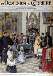 Problem rozwodu we Włoszech: ludność podpisuje petycje przeciwko rozwodom w zakrystiach. Ilustracja autorstwa Beltrame. Domenica del Corriere. 09.02.1902