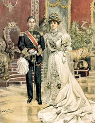 Małżeństwo króla Hiszpanii Alfonsa XIII z księżniczką Eną z Battenbergu, Achille Beltrame (1871-1945) z La Domenica del Corriere, 3 czerwca