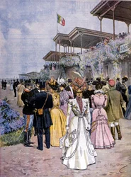 Mediolan: wyścigi konne na torze wyścigowym San Siro: wręczenie Nagrody Handlowej (Premio del commercio). Ilustracja autorstwa Beltrame. Domenica del Corriere. 1899.