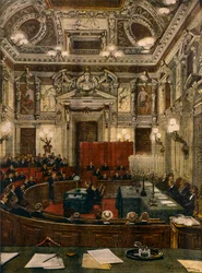 Sesja nowej Rady Miasta Mediolanu, Achille Beltrame (1871-1945), z La Domenica del Corriere