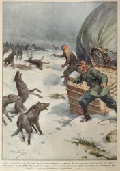 Stada wilków atakujące załogę uziemionego rosyjskiego balonu na ogrzane powietrze, ilustracja z „La Corriere della Sera”