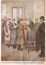 Wybory polityczne w Anglii: kobiety głosujące po raz pierwszy, Achille Beltrame (1871-1945), z La Domenica del Corriere, XX w.