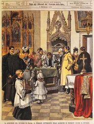 Publiczne podpisanie pozwu przeciwko rozwodowi w zakrystii, Achille Beltrame, ilustracja, Ilustrator Achille Beltrame (1871-1945), z La Domenica del Corriere, 9 lutego 1902