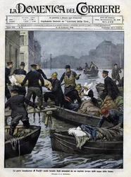 Ratowanie chorych w Paryżu podczas powodzi w lutym 1910 roku. Okładka „Domenica del corriere””. 13 lutego 1910 r. ilustracja Achille Beltrame