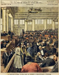 Konstytucja rosyjska: pierwsze posiedzenie parlamentu w Petersburgu, Achille Beltrame (1871-1945), z La Domenica del Corriere, 20 maja 1906
